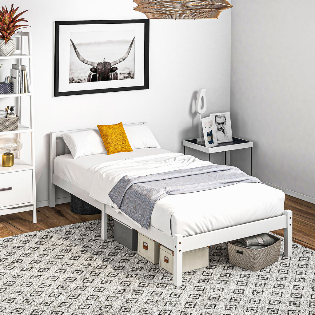 Cadre de lit en bois massif 90x190 cm lit simple avec tête de lit et sommier à lattes solide pour enfants adultes-1