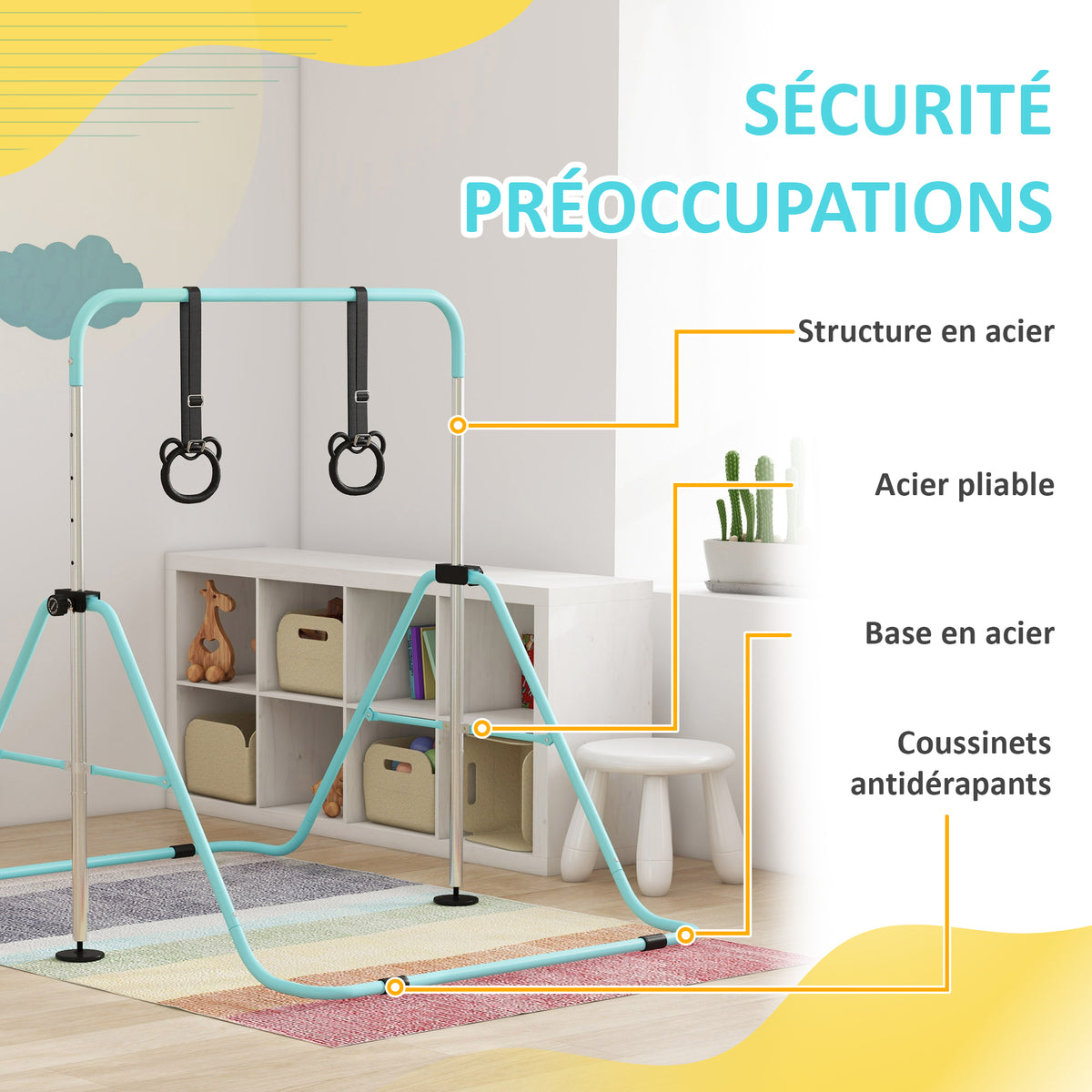 Barre de gymnastique pour enfants, barre horizontale pliable à hauteur réglable avec anneaux de gymnastique, cyan-4