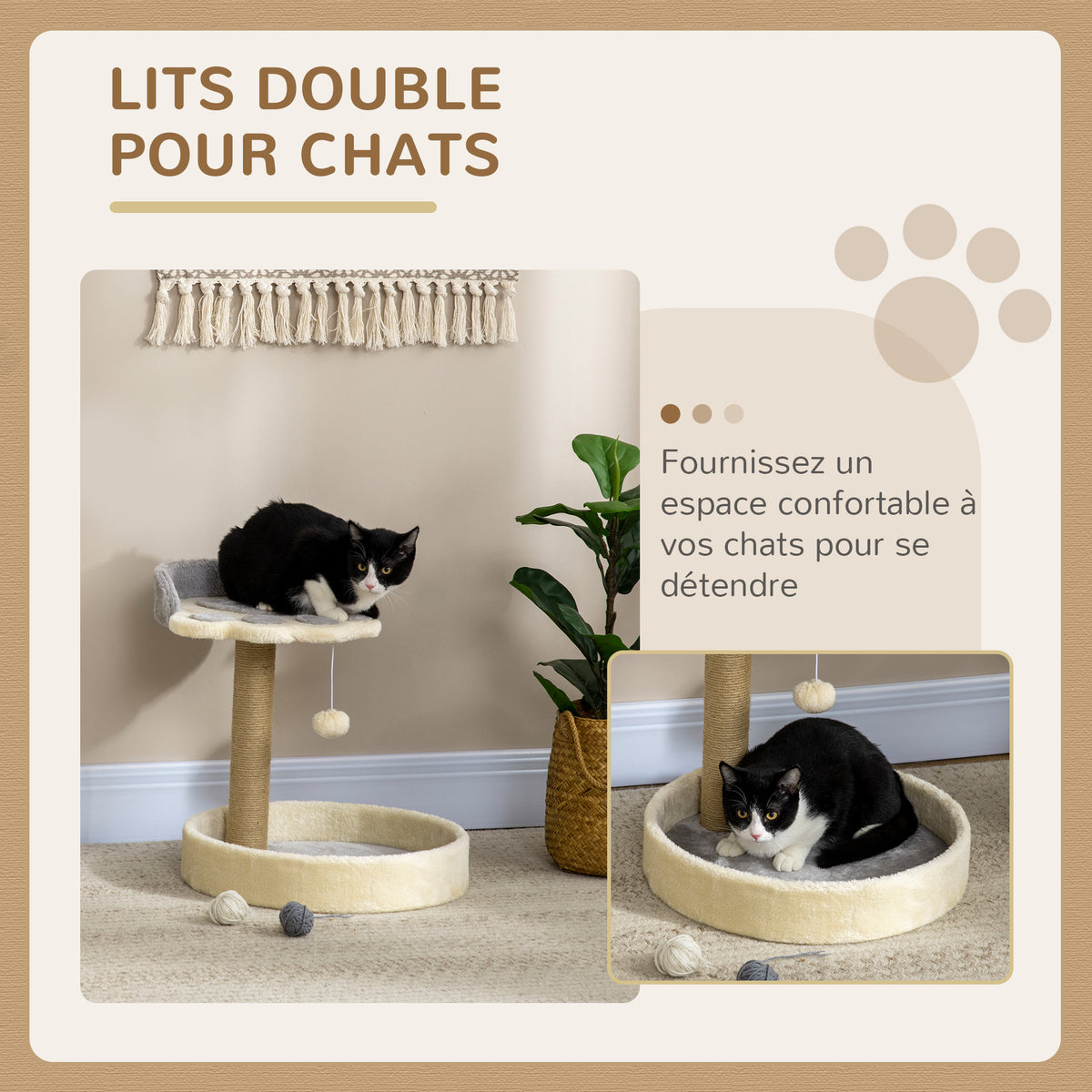 Arbre à chat griffoir grattoir en forme de patte 2 plateformes et un pompon suspendu hauteur 44 cm gris-3