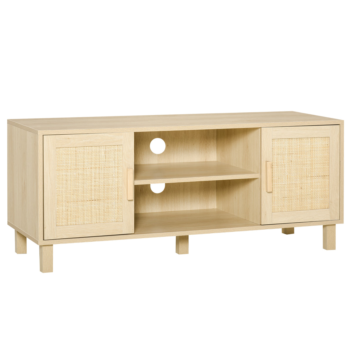 Meuble TV Banc TV 2 niches 2 placards Porte cannage en rotin dim. 115L x 40l x 48H cm MDF Aspect Bois Clair-0