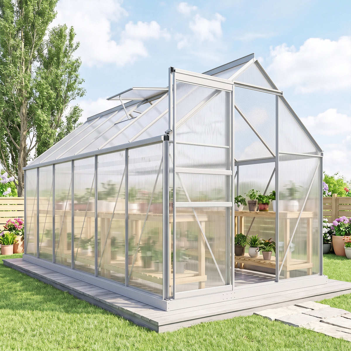 Serre de jardin 7,1 m² en aluminium polycarbonate avec fondation, 190 x 375 x 199 cm, serre avec fenêtre-1