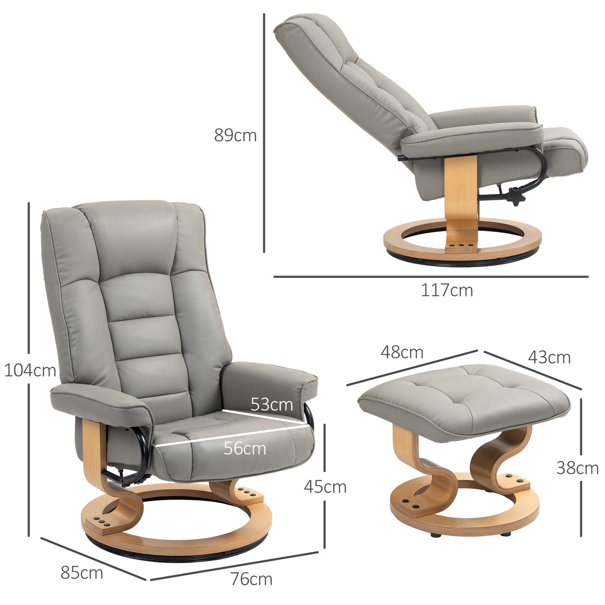 Fauteuil de relaxation inclinable avec repose-pied, pivotant, cadre en bois , revêtement synthétique gris-2