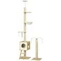 Arbre à chat sol au plafond hauteur réglable 225-285 cm avec poteau à gratter 4 niveaux niche hamac échelle jeux beige-0