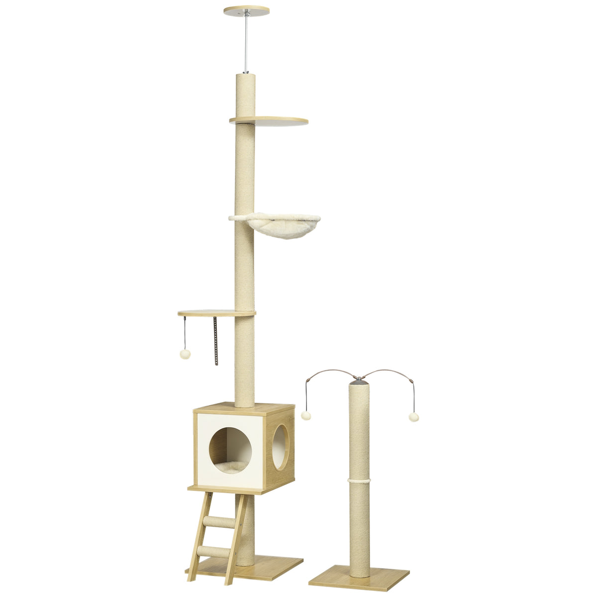Arbre à chat sol au plafond hauteur réglable 225-285 cm avec poteau à gratter 4 niveaux niche hamac échelle jeux beige-0