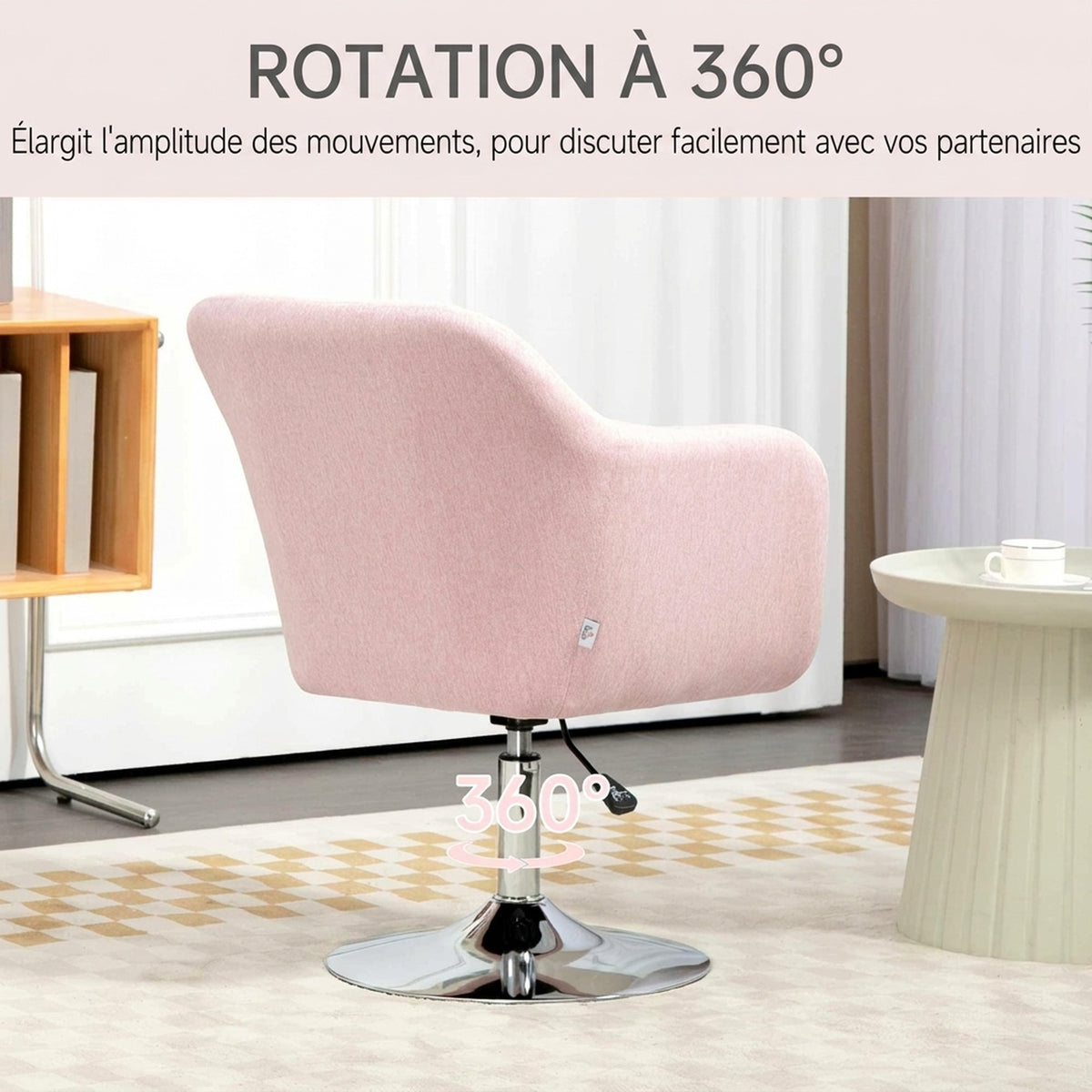 Fauteuil de salon coussins lombaires hauteur réglable pivotant 360° piètement en métal rose-4