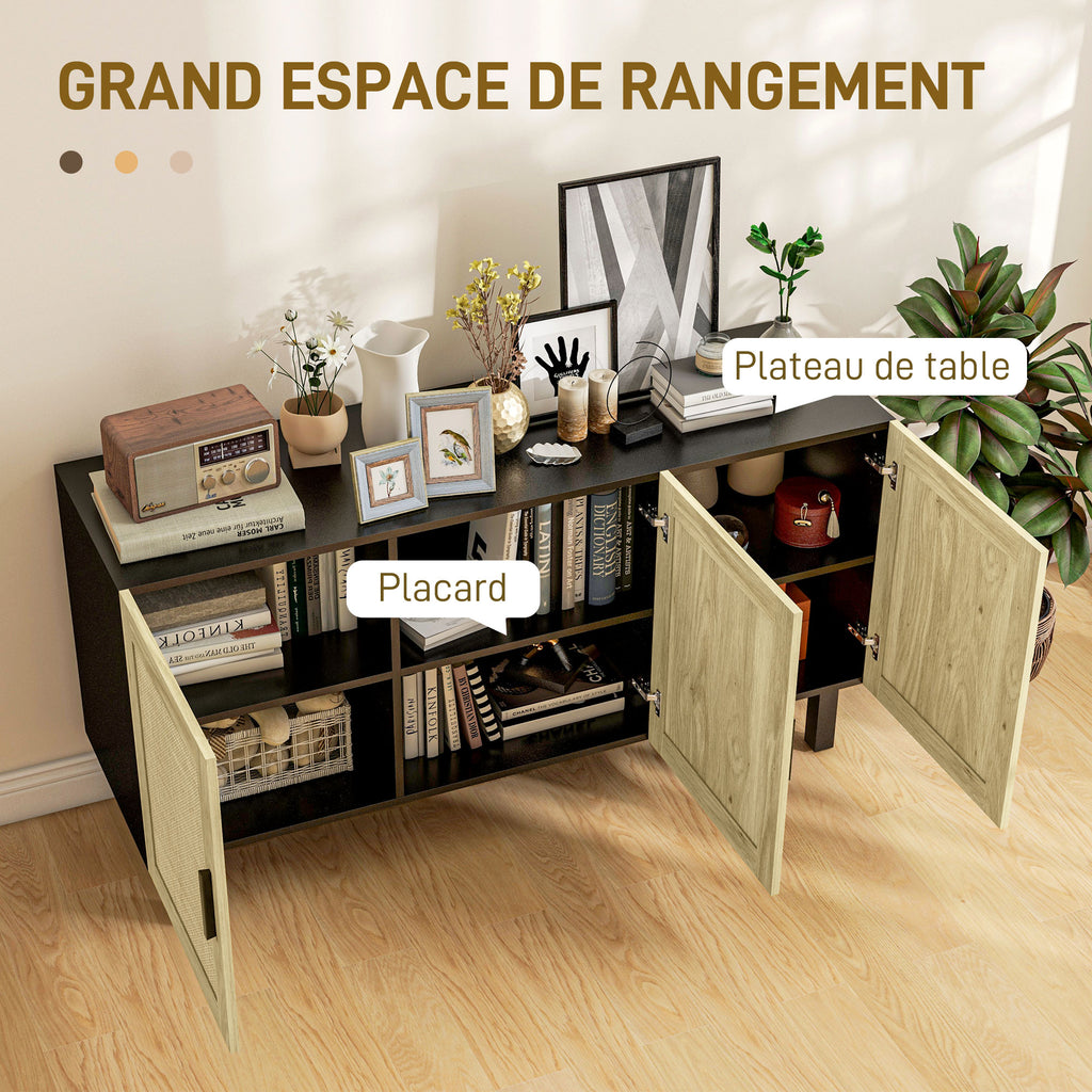 Meuble de rangement avec placards à portes effet cannage, étagères réglables, 136 x 41 x 70 cm, noir et bois naturel-3