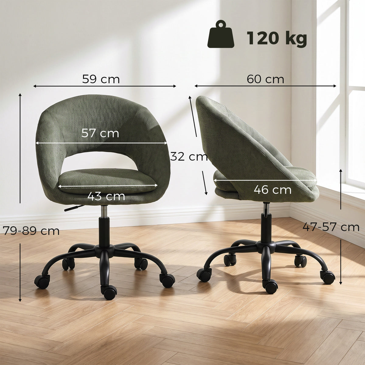 Chaise Bureau Ergonomique en Chenille, Hauteur Réglable, Accoudoirs Intégrés, Pivotant 360°, 59x60x79-89cm, Vert Foncé-2