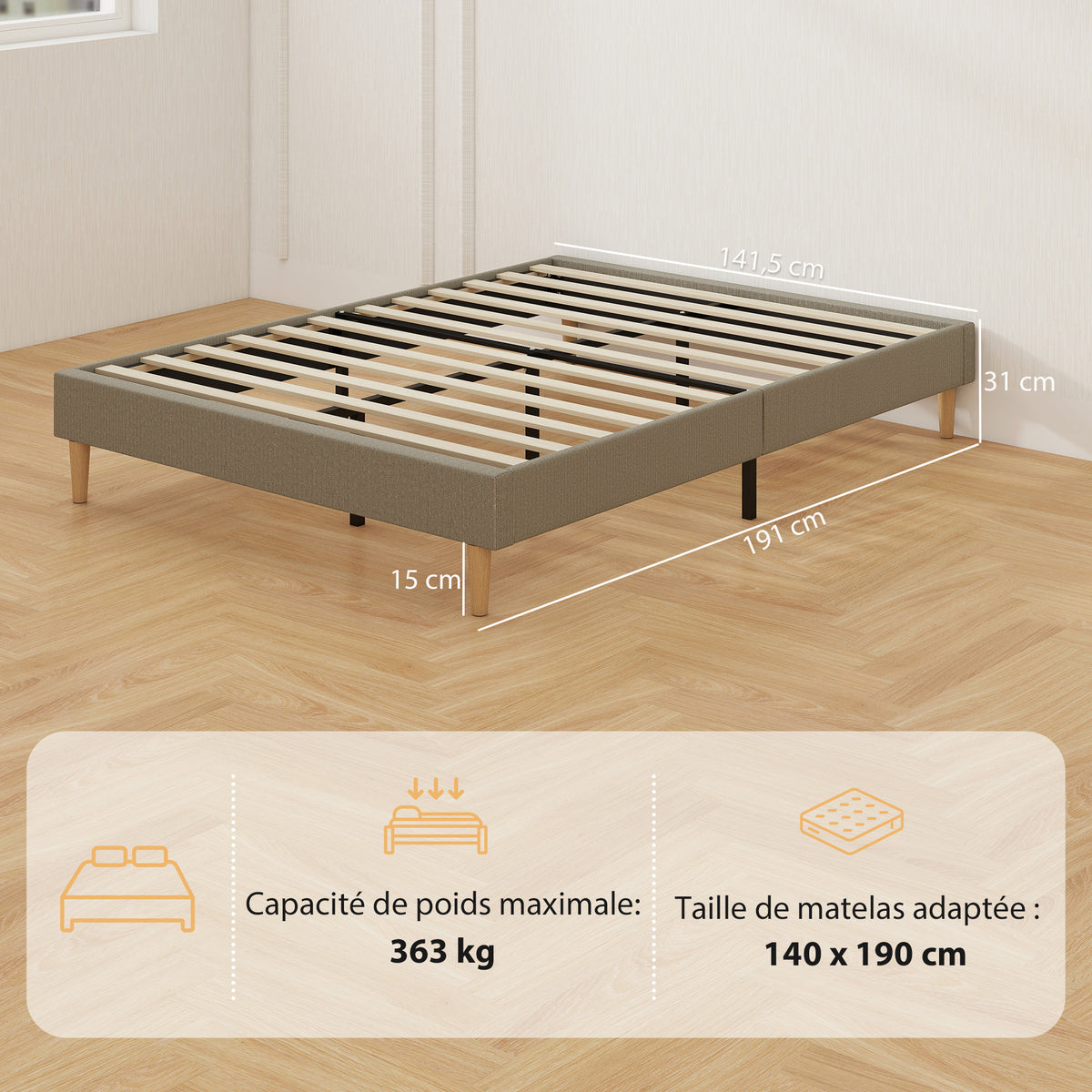 Cadre de lit 140 x 190 cm avec sommier à lattes en bois, lit double rembourré en velours côtelé, gris-2