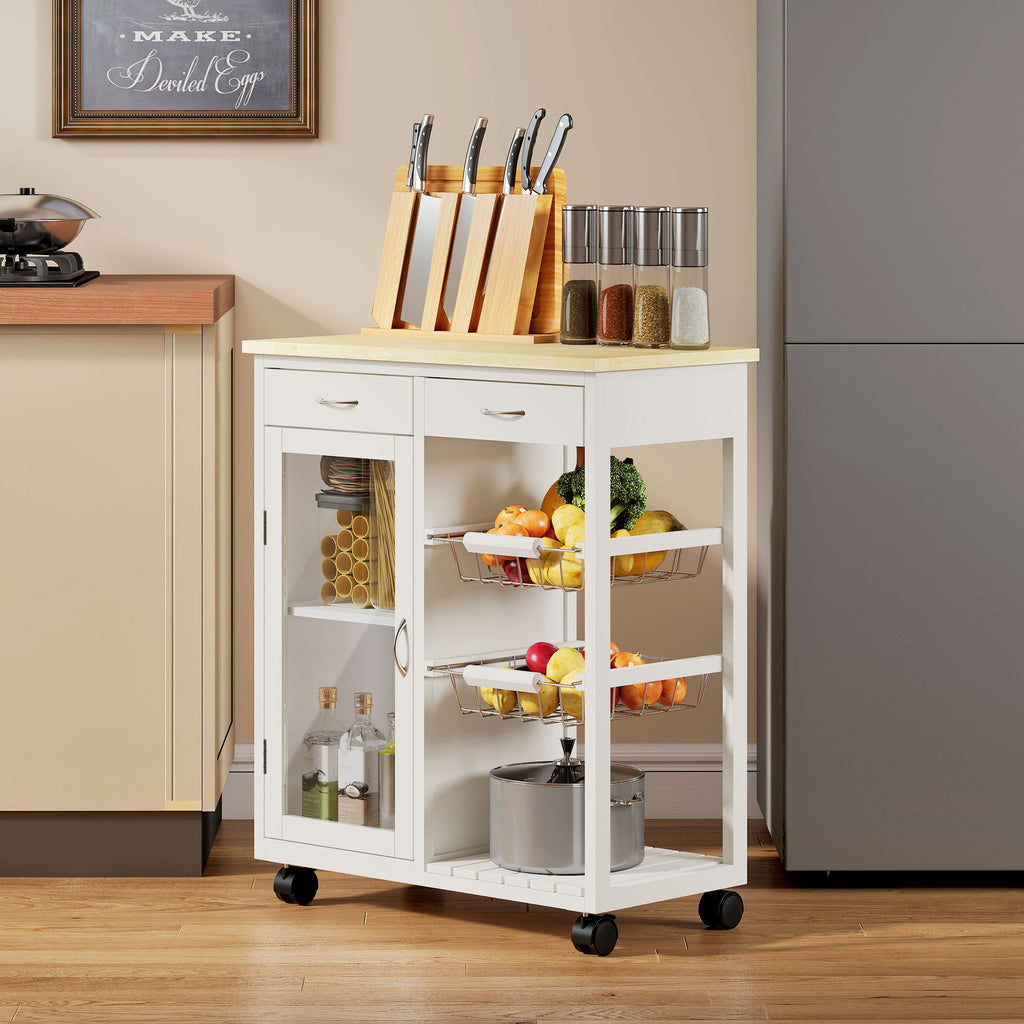 Desserte de cuisine à roulettes, îlot central cuisine avec plateau en bambou, porte vitrée, 67 x 35 x 80 cm, blanc-8