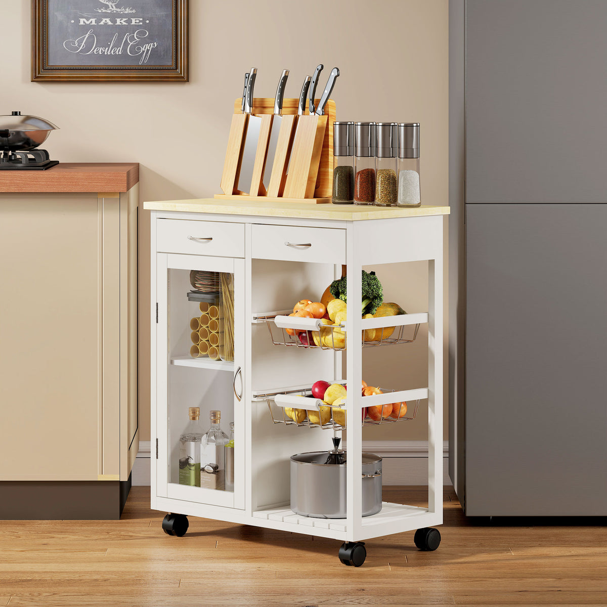 Desserte de cuisine à roulettes, îlot central cuisine avec plateau en bambou, porte vitrée, 67 x 35 x 80 cm, blanc-8