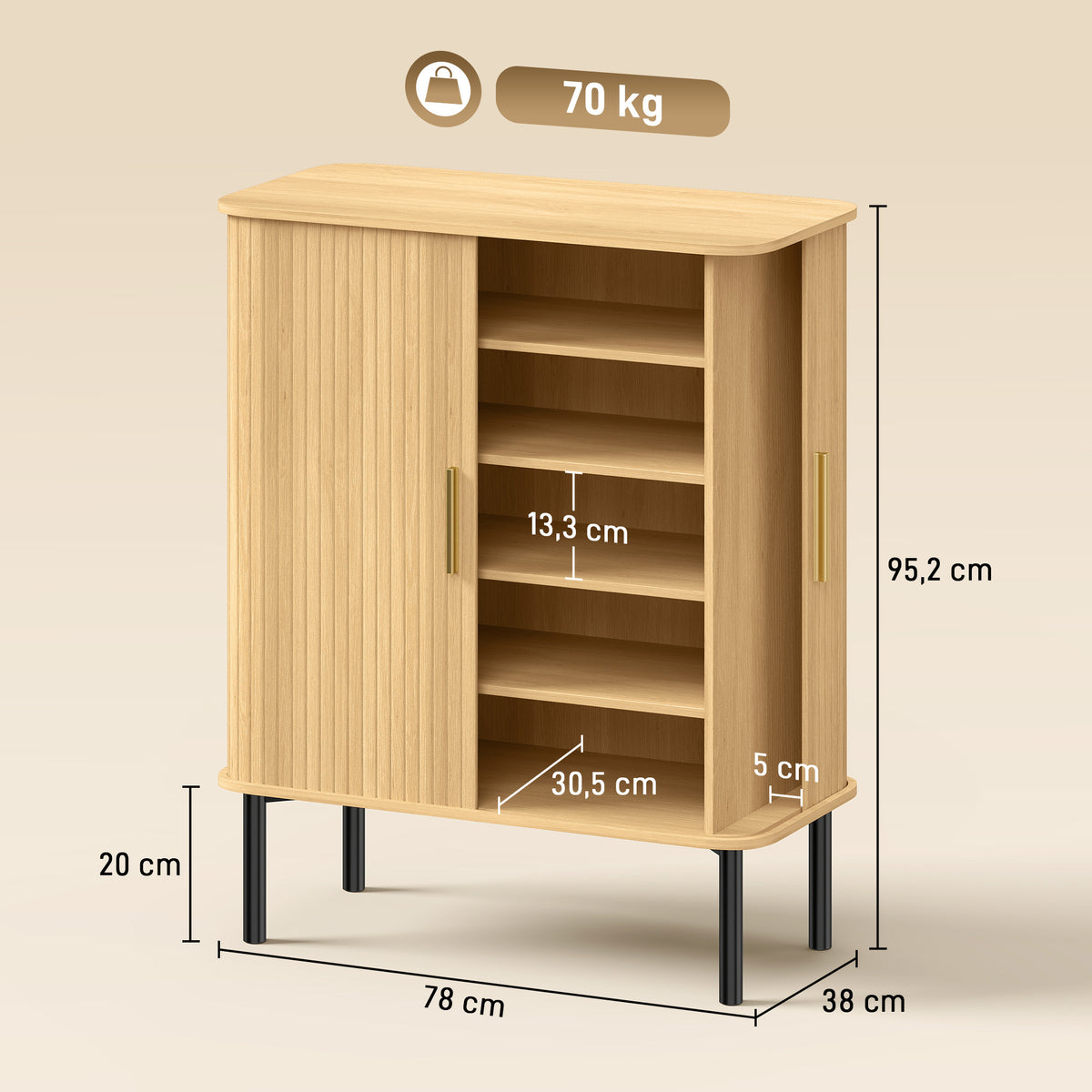 Meuble à Chaussures 5 Niveaux 15 Paires avec Portes Coulissantes, Étagères Réglables, 78x38x95,2cm, Chêne-2