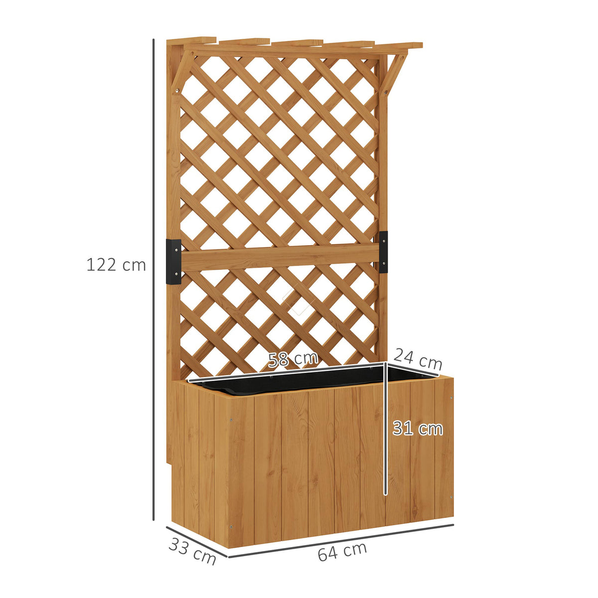 Jardinière avec treillis, bac à fleurs en bois massif avec trous de drainage et doublure, 64 x 33 x 122 cm, bois naturel-2