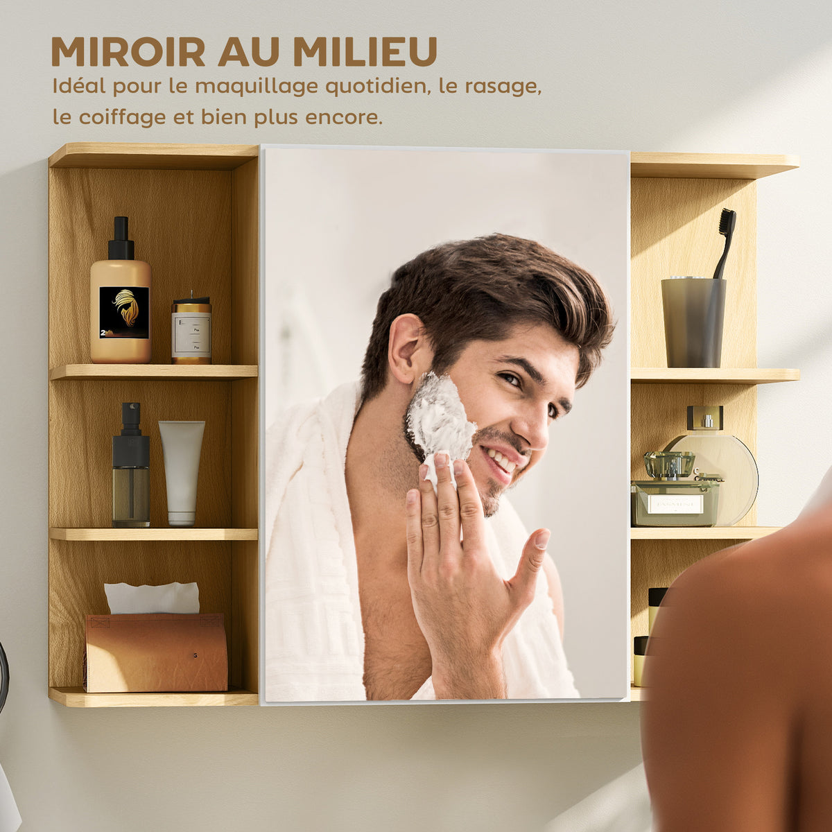 Armoire murale salle de bain avec miroir, meuble salle de bain avec étagères ouvertes, 80 x 20 x 59 cm, bois naturel-3