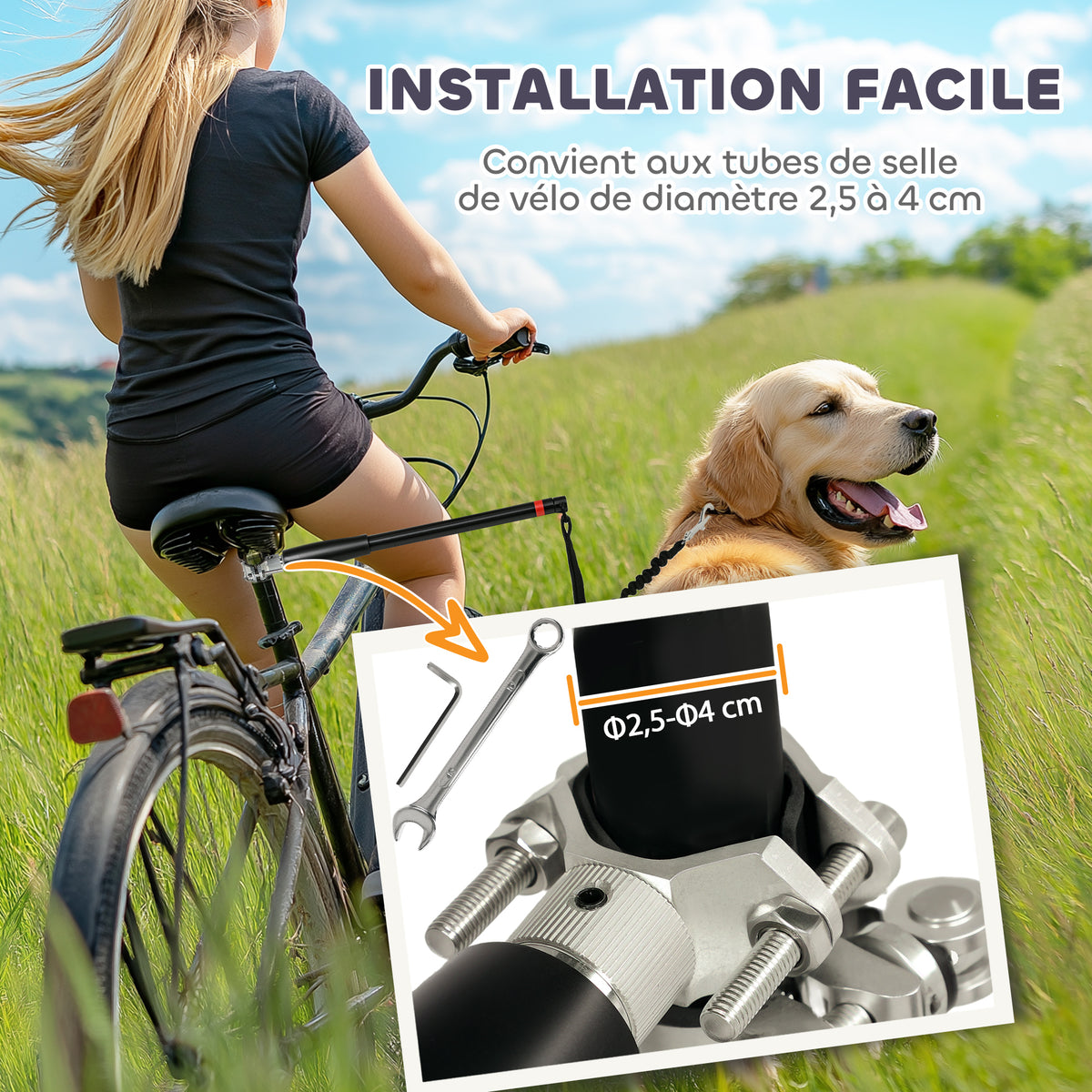 Laisse pour chien pour vélo 124 cm, laisse d'exercice chien, facile à installer et amovible, acier et polyester, noir-3