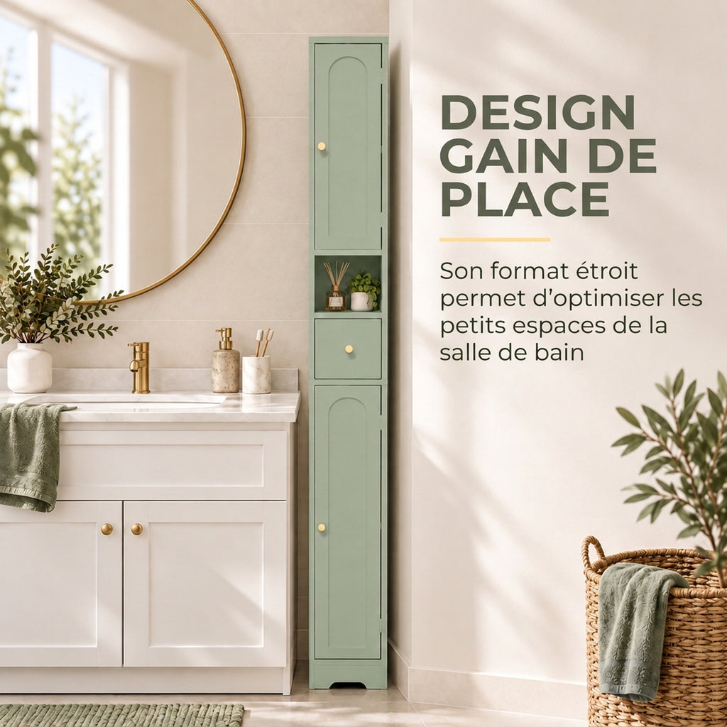Meuble colonne salle de bain, meuble de rangement, 2 portes, tiroir, compartiment ouvert, étagère réglable, vert-4