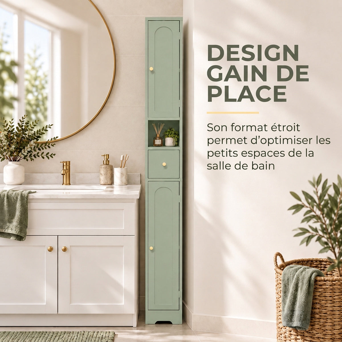 Meuble colonne salle de bain, meuble de rangement, 2 portes, tiroir, compartiment ouvert, étagère réglable, vert-4
