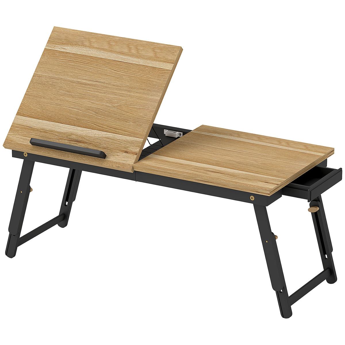 Table de lit pliable et réglable, plateau de lit pour ordinateur portable en bambou - plateau inclinable, tiroir, chêne-0
