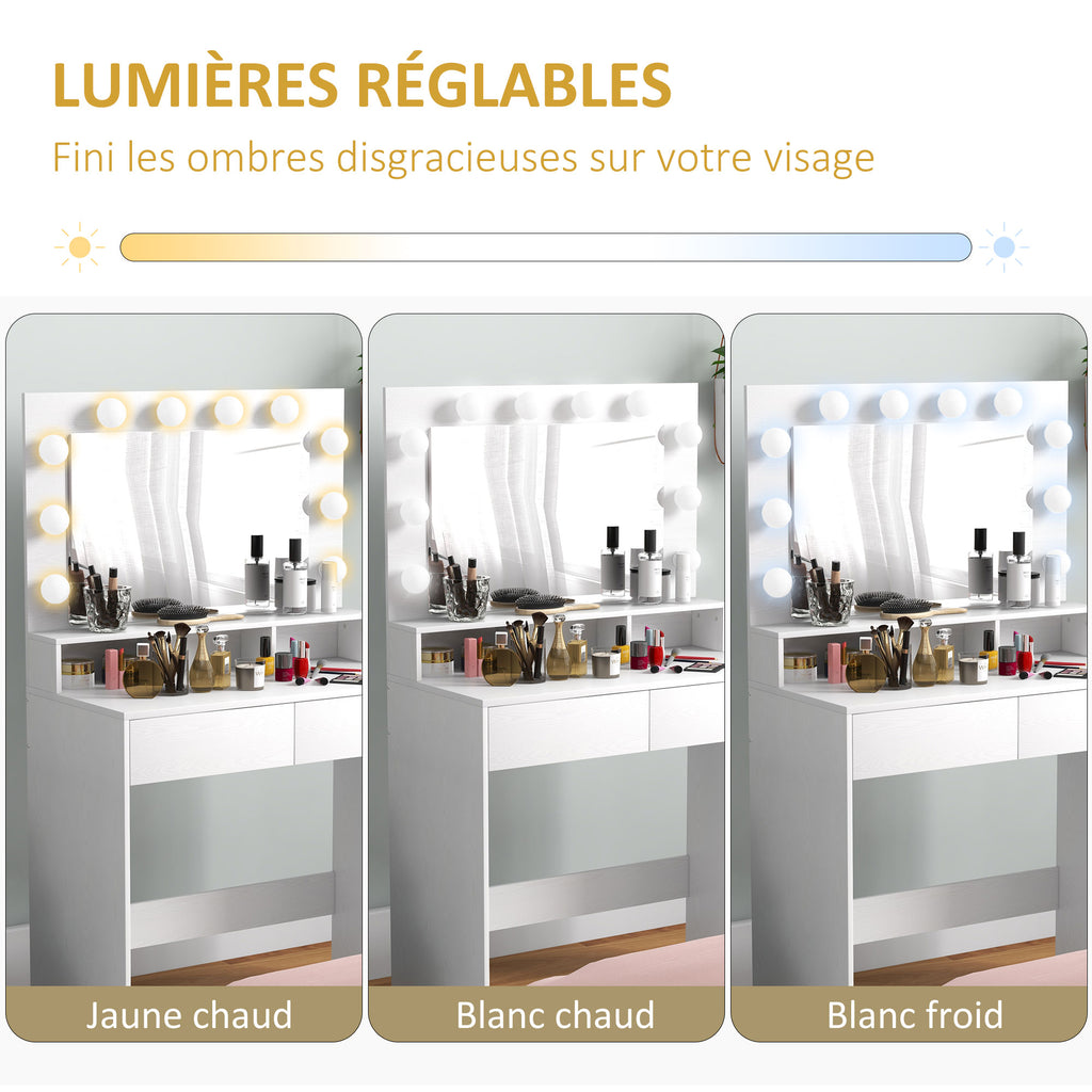 Coiffeuse avec miroir Hollywood, tiroirs, 3 modes d'éclairage, 10 ampoules, 80 x 40 x 135 cm, blanc-3