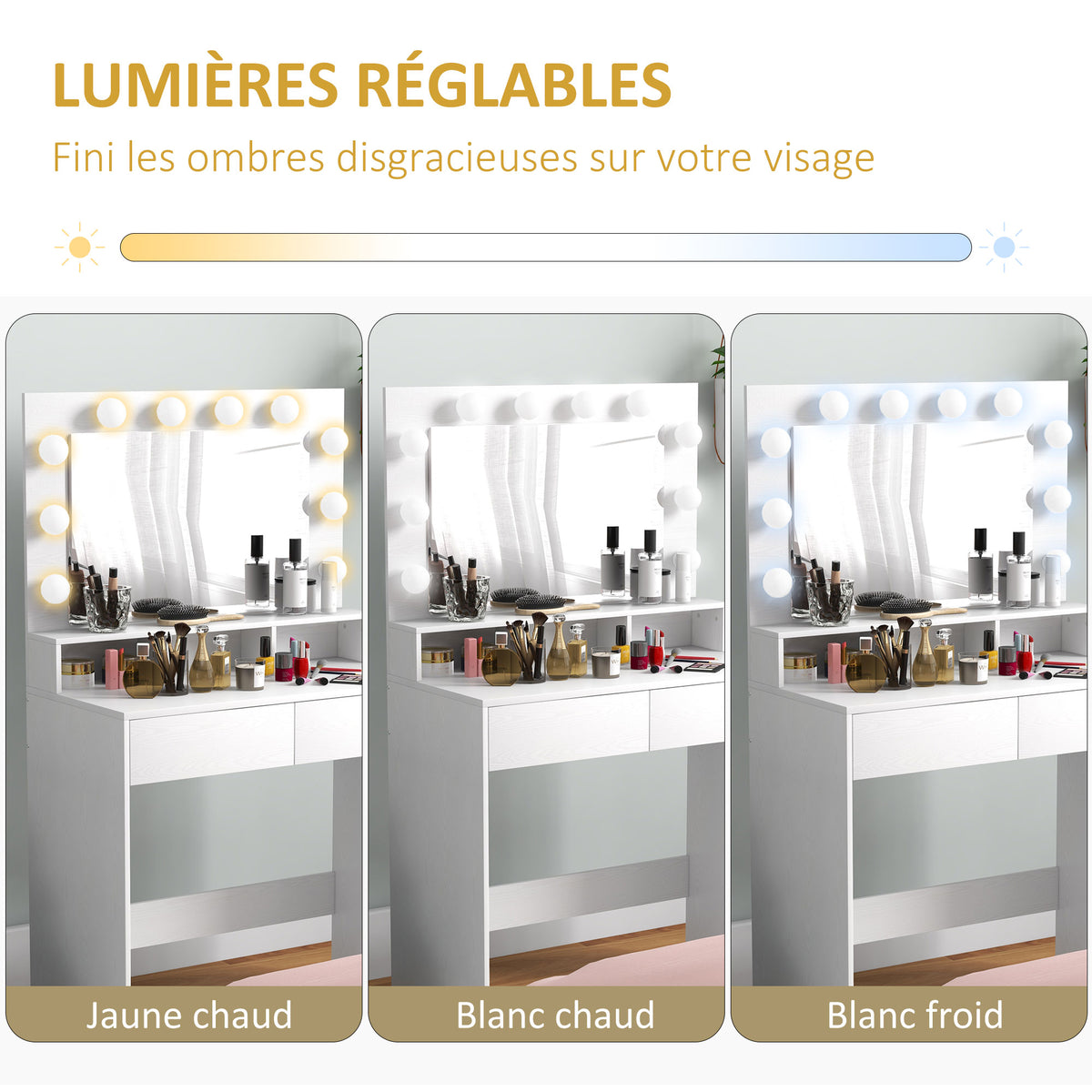 Coiffeuse avec miroir Hollywood, tiroirs, 3 modes d'éclairage, 10 ampoules, 80 x 40 x 135 cm, blanc-3