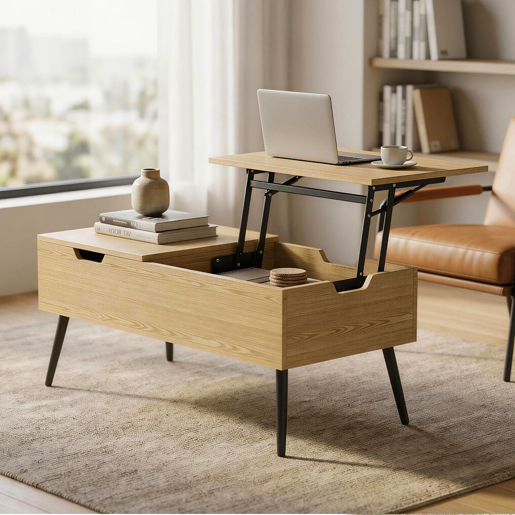 Table basse relevable avec double plateau, table de salon avec compartiment caché et pieds en métal, bois naturel-8