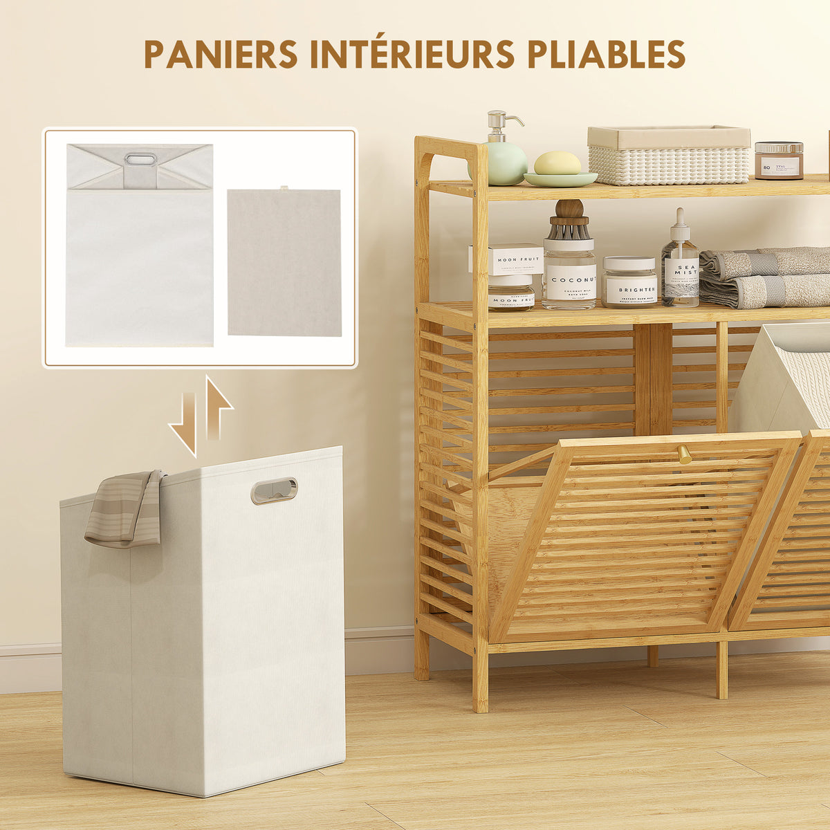 Meuble salle de bain en bambou, armoire salle de bain avec 2 paniers à linge et 2 étagères, 82x33x88cm, bois naturel-4