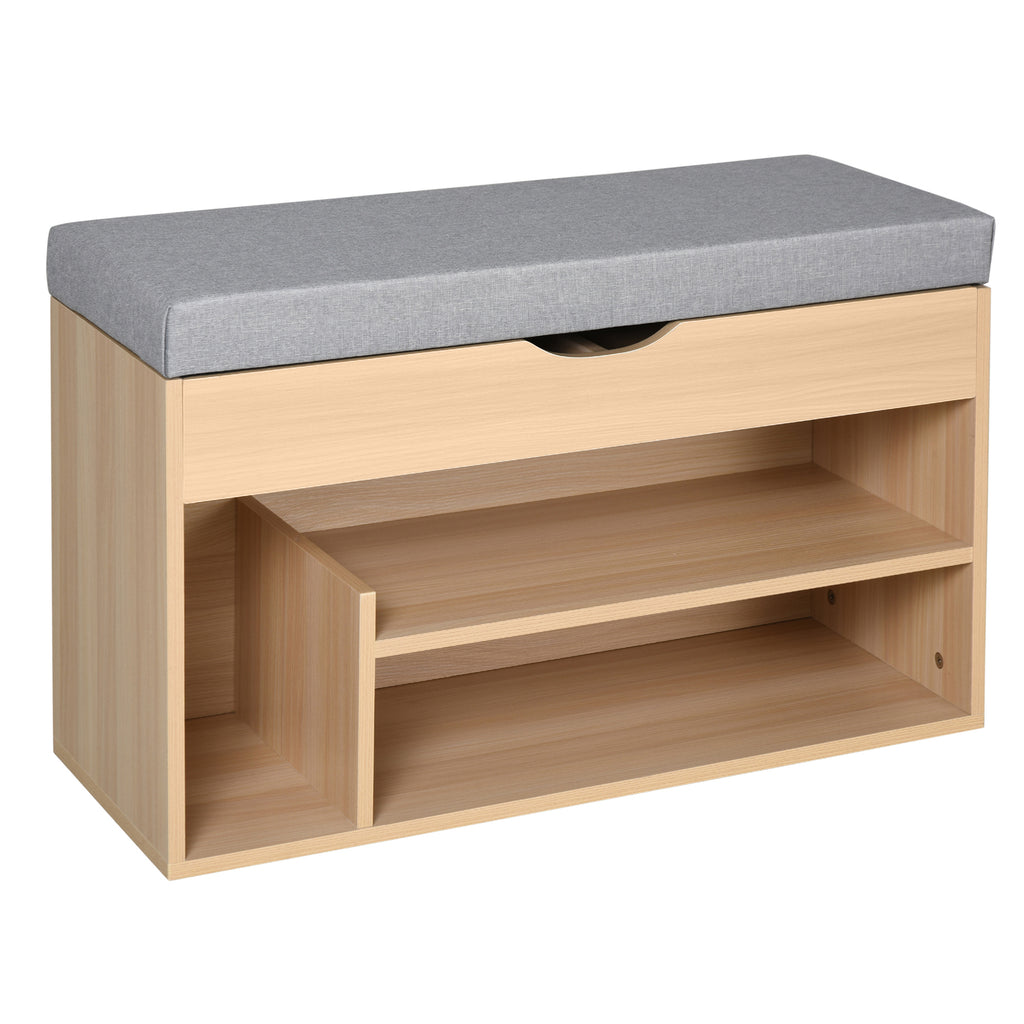 Meuble Chaussures Banc à Chaussures 2 Niveaux Rangement, Niche + Coffre intégré avec Coussin Beige Gris-9