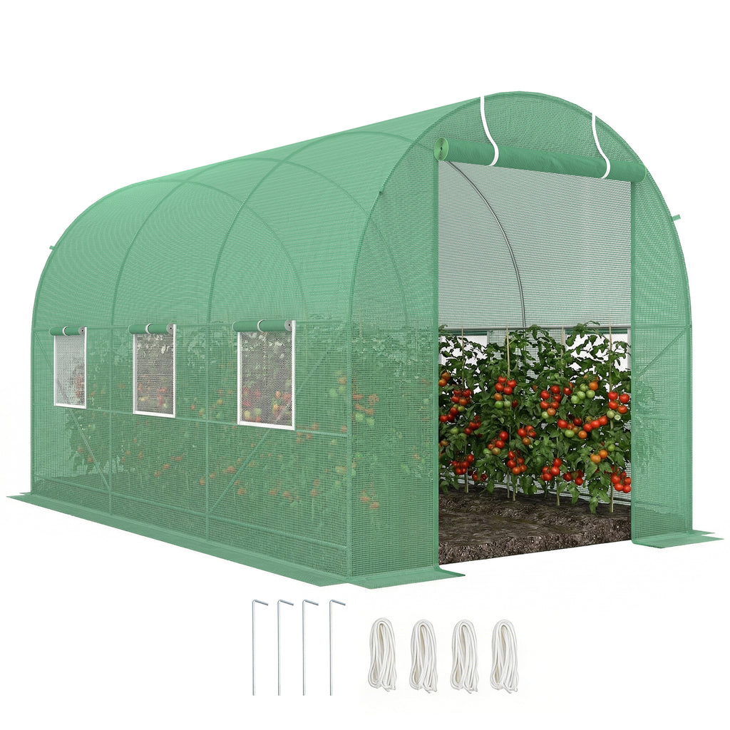 Serre de Jardin Tunnel Surface Sol 7m² 3,5L x 2l x 2H m châssis Tubulaire renforcé Porte zippée 6 fenêtres enroulables Vert-0