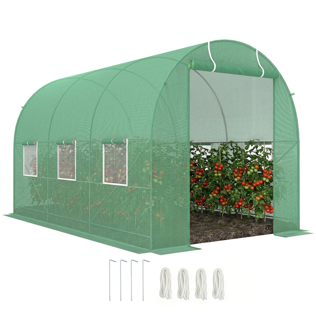 Serre de Jardin Tunnel Surface Sol 7m² 3,5L x 2l x 2H m châssis Tubulaire renforcé Porte zippée 6 fenêtres enroulables Vert-0