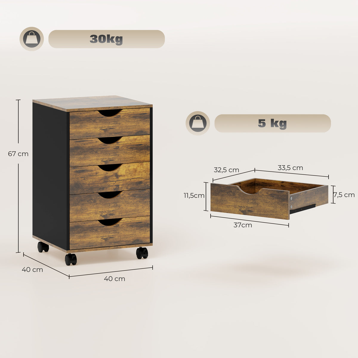 Caisson bureau mobile, meuble rangement sur roulettes avec 5 tiroirs, bois, 40 x 40 x 67 cm, marron-2