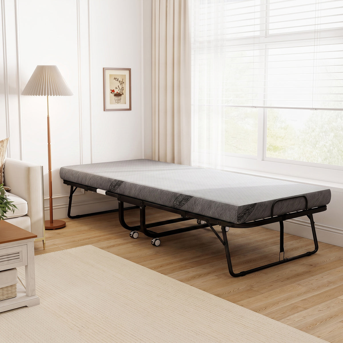 Lit pliant 1 personne 200 x 90 cm avec matelas, lit d'appoint pliable et portable sur roulettes, cadre en acier, blanc-1