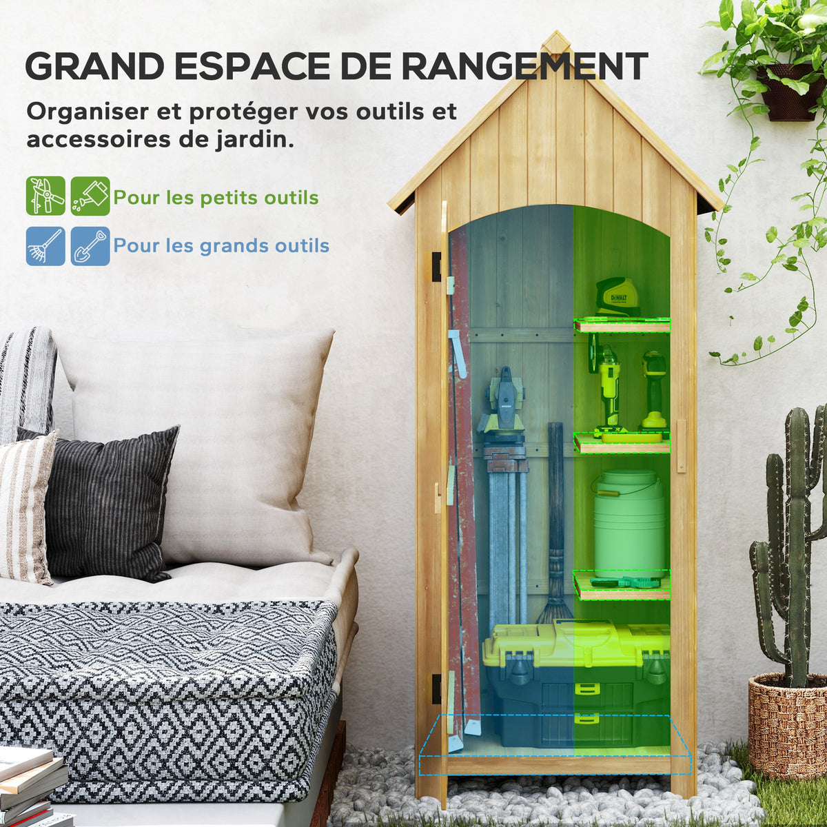 Abri de jardin en bois cabane de jardin exterieur armoire de jardin avec toit bitumé 3 étagères porte avec loquet rangement et stockage extérieurs pour terrasse 77,5 x 54,2 x 179,5 cm naturel-4