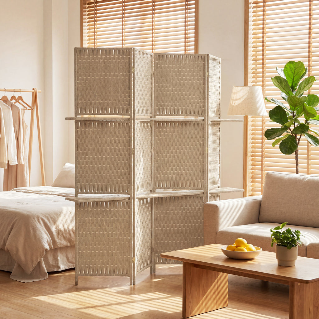 Séparateur de pièces 4 panneaux 2 étagères pliables naturel paille-9