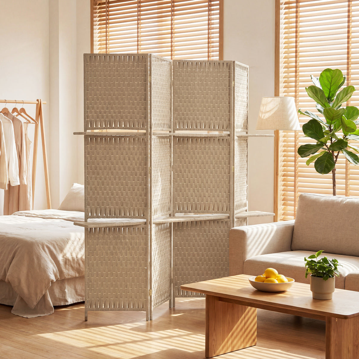 Séparateur de pièces 4 panneaux 2 étagères pliables naturel paille-9