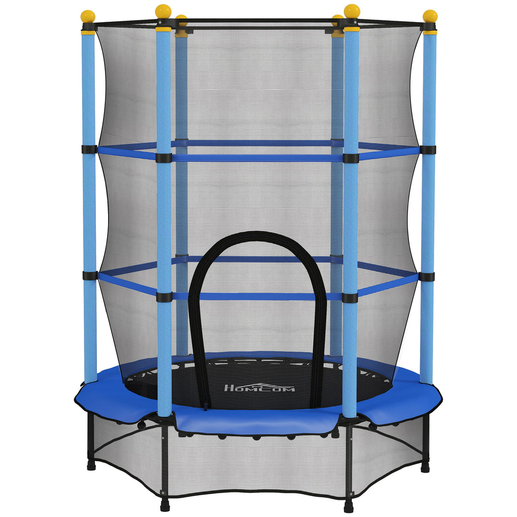 Trampoline Enfant Ø 1,40 × 1,90H m Filet de sécurité Porte zipée Couvre-Ressorts 6 poteaux rembourrés Inclus Bleu-0