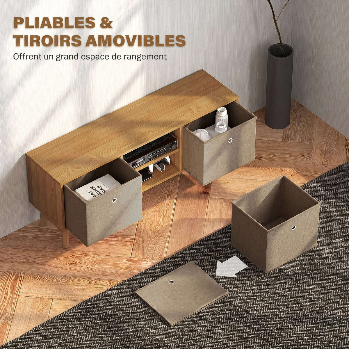 Meuble TV bas sur pieds style contemporain avec 2 tiroirs en tissu dim. 110L x 29l x 46,5H cm - passe-câbles - MDF-4