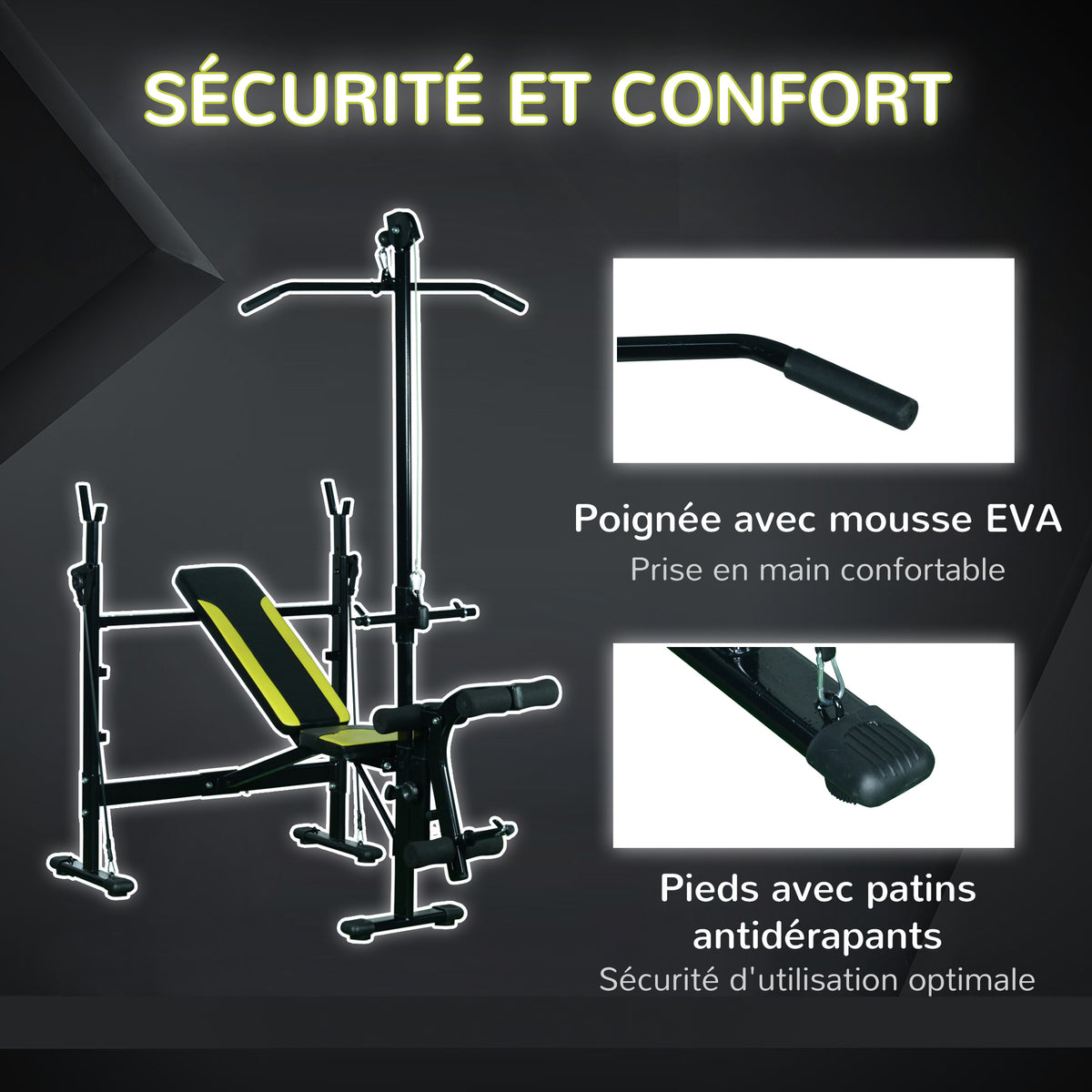 Banc de musculation Fitness entrainement complet dossier réglable cordes traction curler supports barre et haltères noir et jaune-3