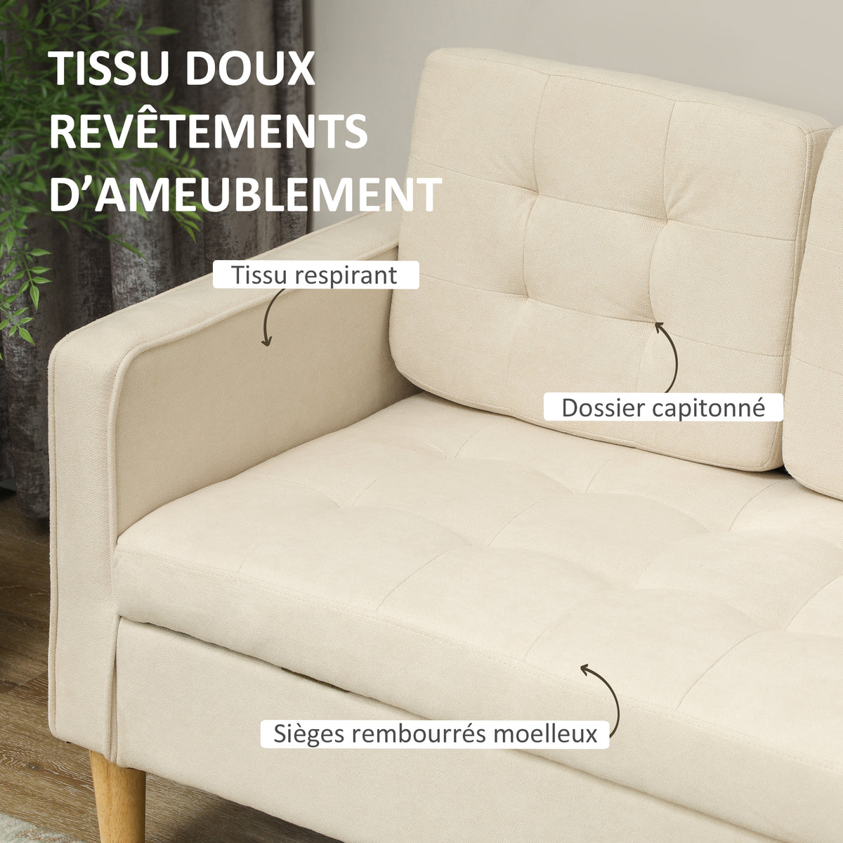 Canapé 3 places en flanelle de neige, canapé moderne avec rangement caché, dossier capitonné, 166,5 x 62 x 82 cm, crème-3