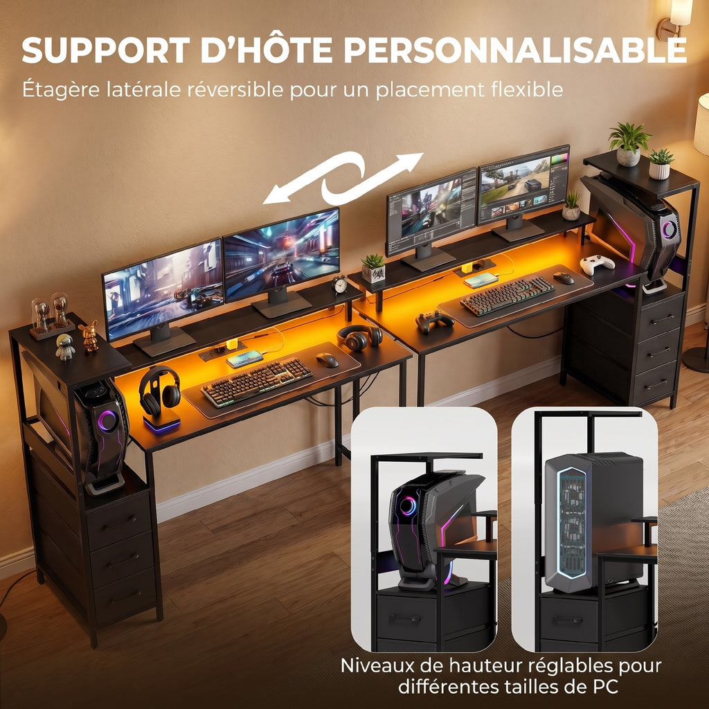 Bureau Gaming 147 x 47 cm, Éclairage RGB, Prises et Ports USB, Support pour Unité Centrale Réglable et Réversible, Noir-3