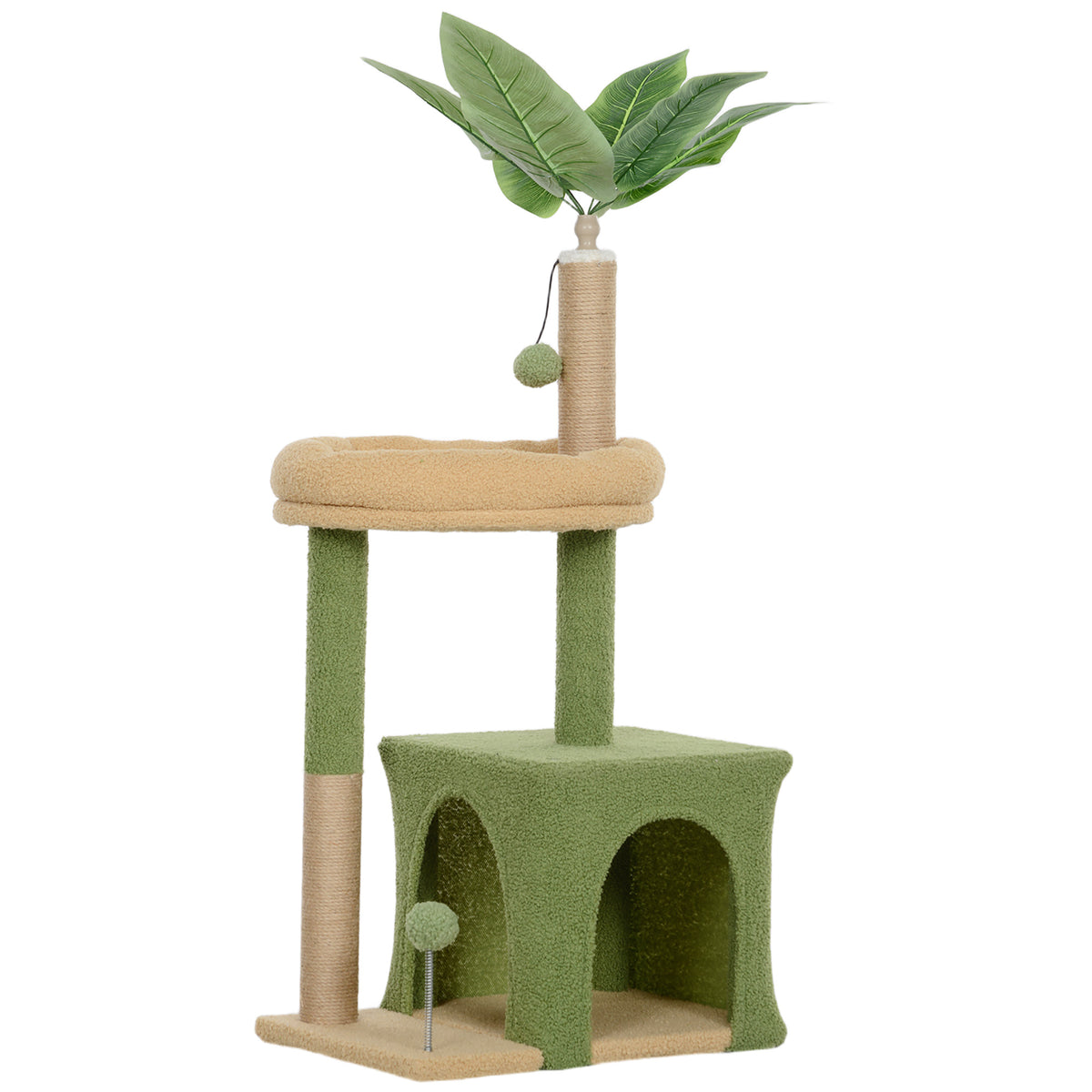 Arbre à chat tour de jeux pour chat avec niche lit griffoirs balles et feuilles artificielles 44 x 30 x 98 cm vert-0
