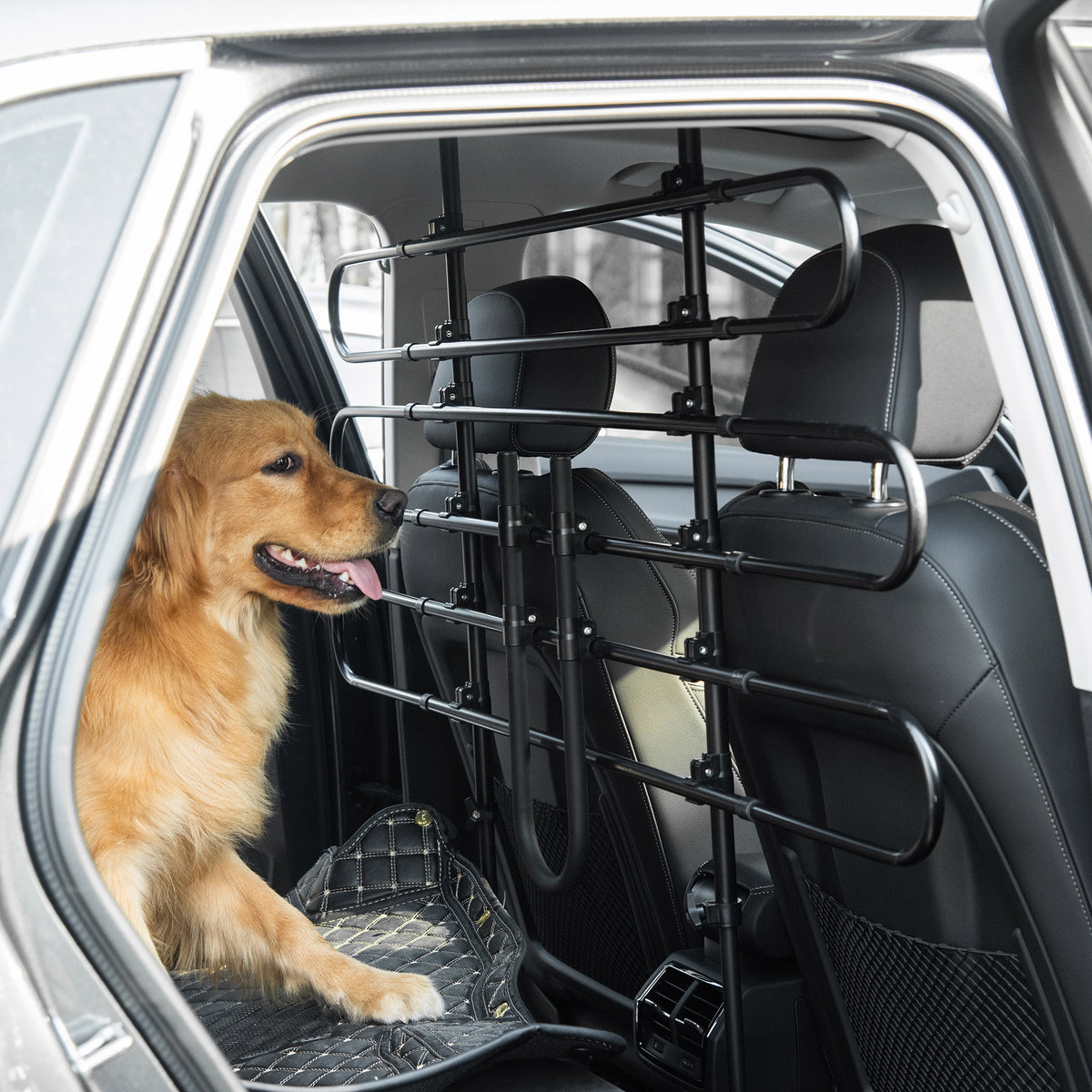 Grille de séparation voiture pour chien réglable, largeur : 87-135 cm, hauteur : 85-120 cm, barrière de sécurité universelle en acier, pour coffre de voiture pour chien, noir-1