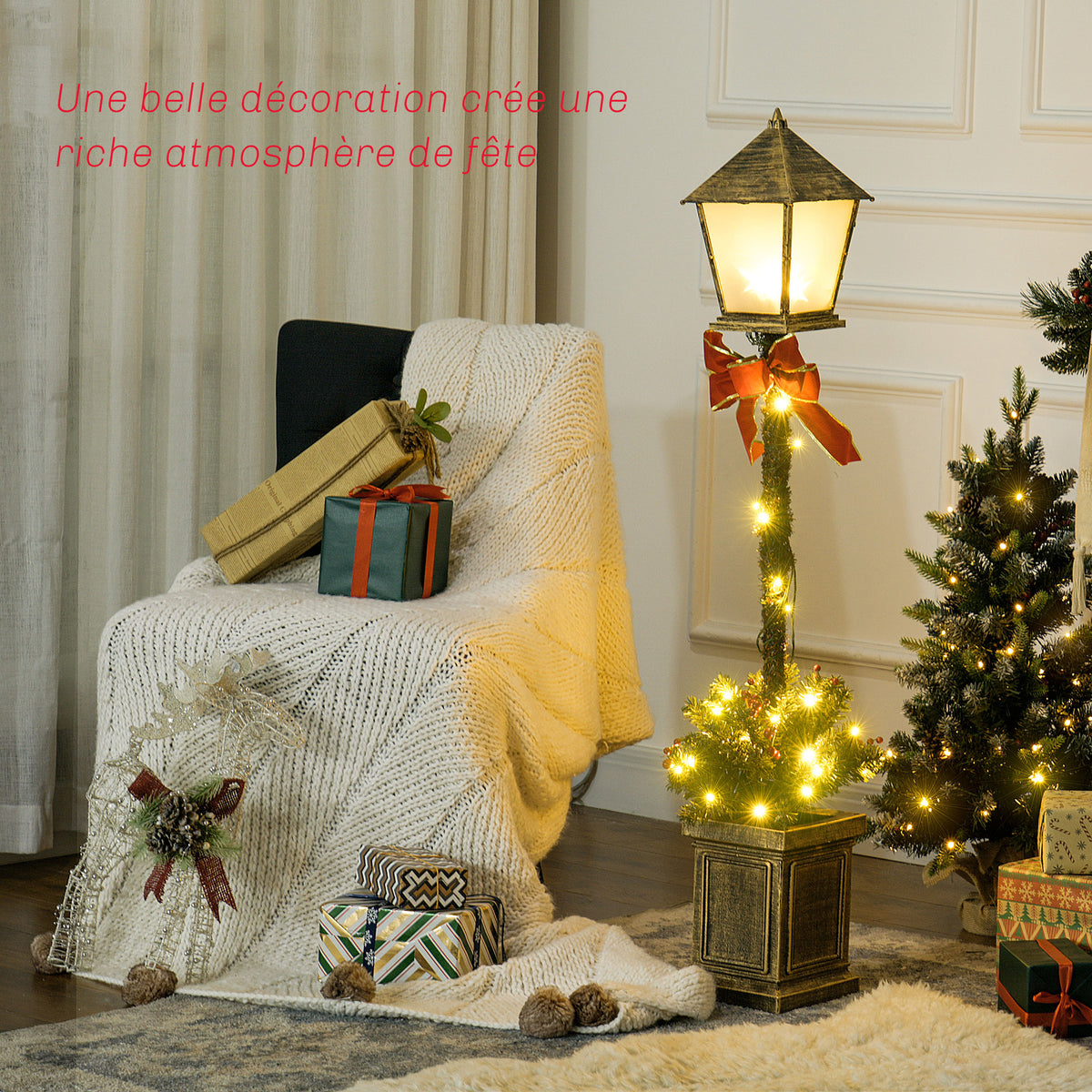 Lampadaire de Noël lumineux LED de 1,25 m ornement décoration de Noël avec grappes de baies et nœud papillon-3