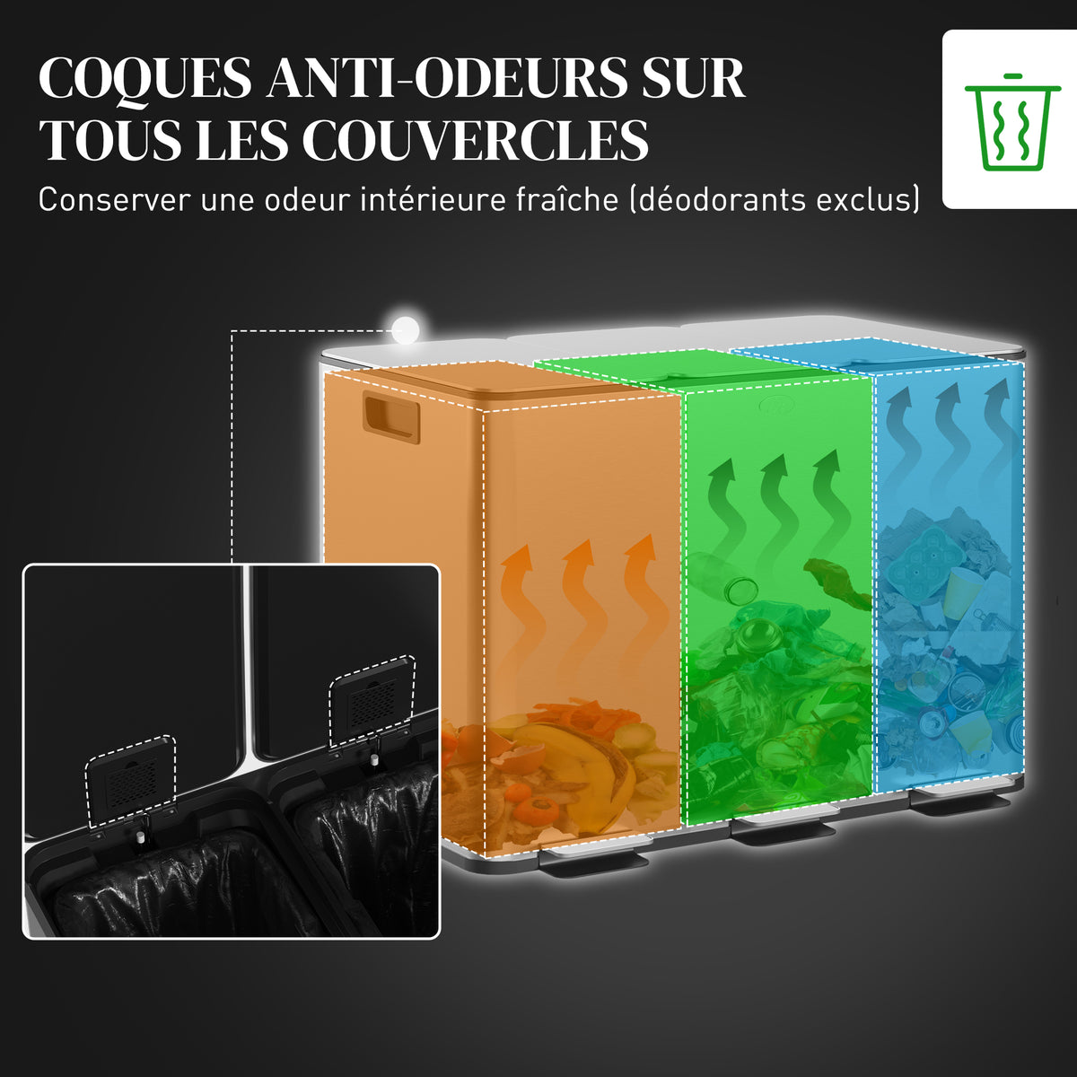Poubelle de cuisine, poubelle tri sélectif, 3 compartiments de 10L, seaux intérieurs amovibles, 49,6x34,5x38,6cm, argent-4