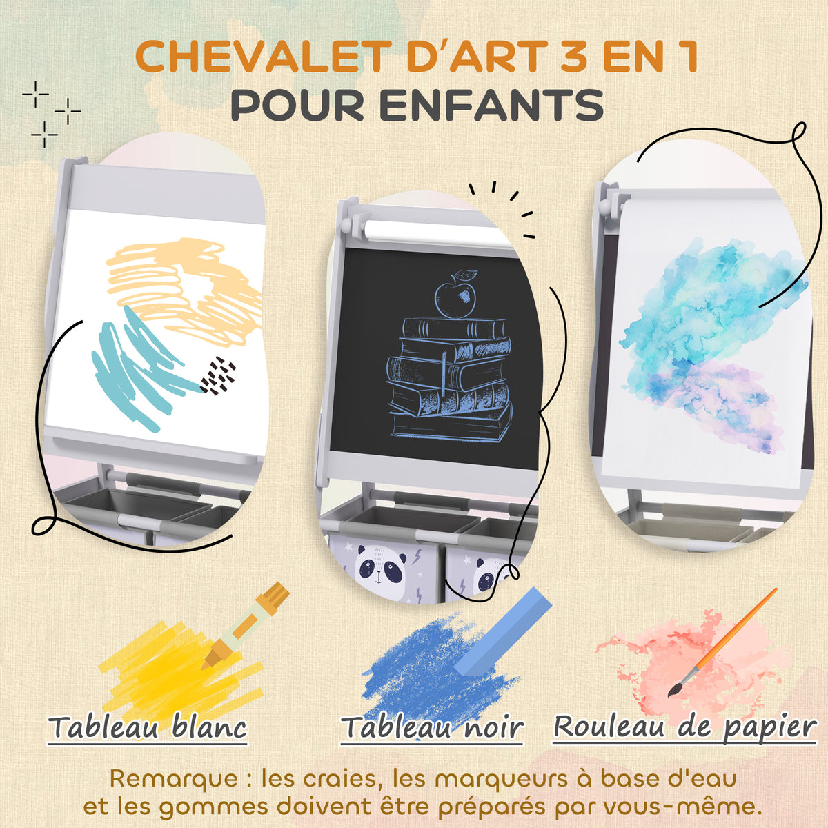 Tableau chevalet enfant ardoise double face tableau à craie rouleau papier 2 paniers 54 x 46,5 x 93 cm gris-3