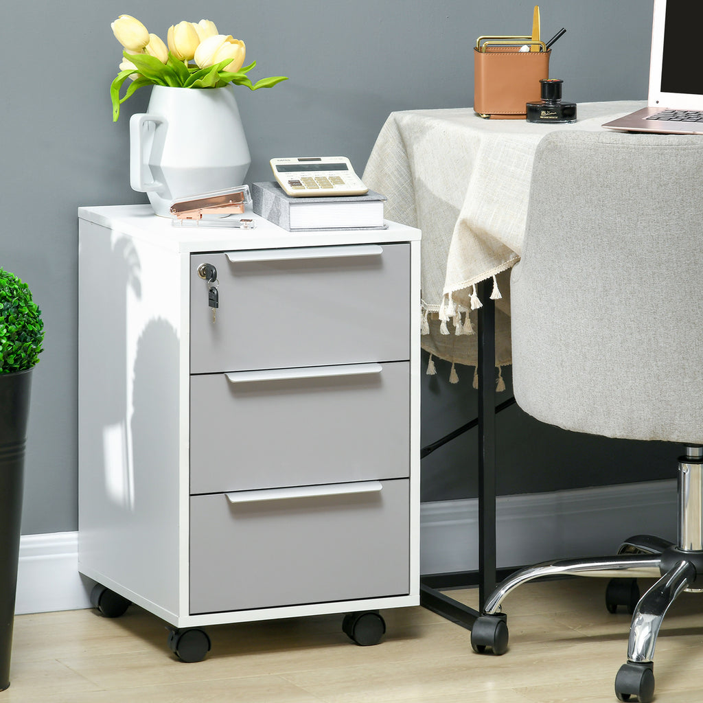 Caisson de bureau à roulettes avec 3 tiroirs et serrure pour dossiers 40 x 40 x 63,5 cm blanc et gris-1