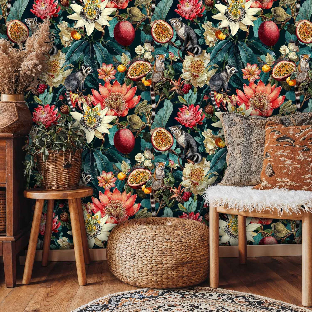 Papier peint lémuriens et floraison tropicale
