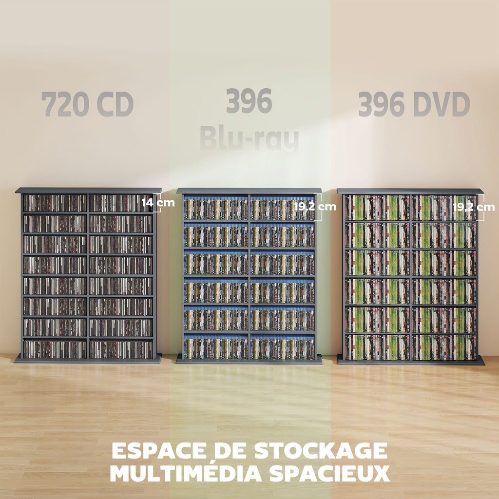 Rangements pour CD et DVD avec 16 compartiments et 12 étagères réglables capacité max. 720 CD/396 DVD et Blu-ray gris-3