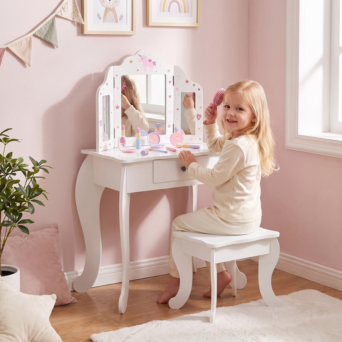 Coiffeuse Enfant avec Tabouret, Miroir triptyque et tiroir Coulissant - Coiffeuse dim. 63L x 40l x 85,5H cm-9