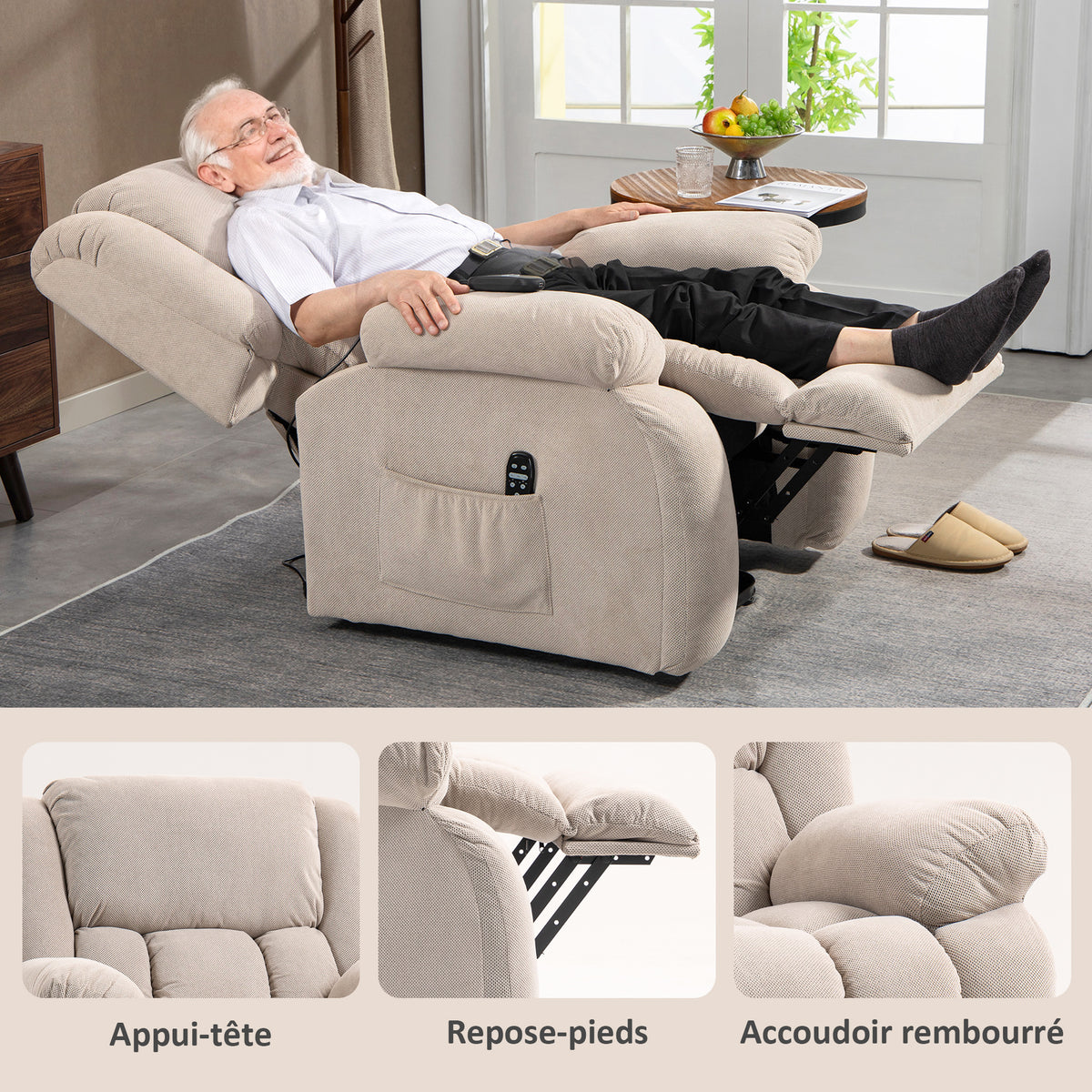 Fauteuil releveur électrique massage et chauffage avec repose-pied, dossier inclinable, télécommande et poche latérale-7
