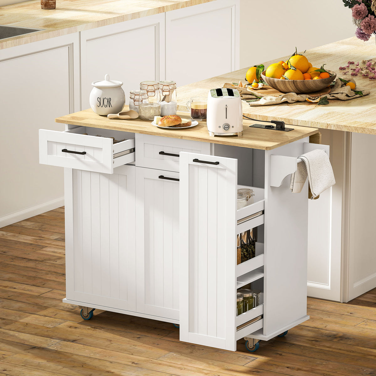 Îlot central cuisine mobile avec prise de courant et port USB, tablette à abattant, étagère réglable blanc-9
