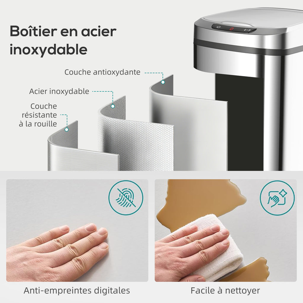 Poubelle de cuisine automatique 12 L en acier inoxydable, poubelle à capteur avec couvercle, 28 x 22 x 41 cm, argent-6